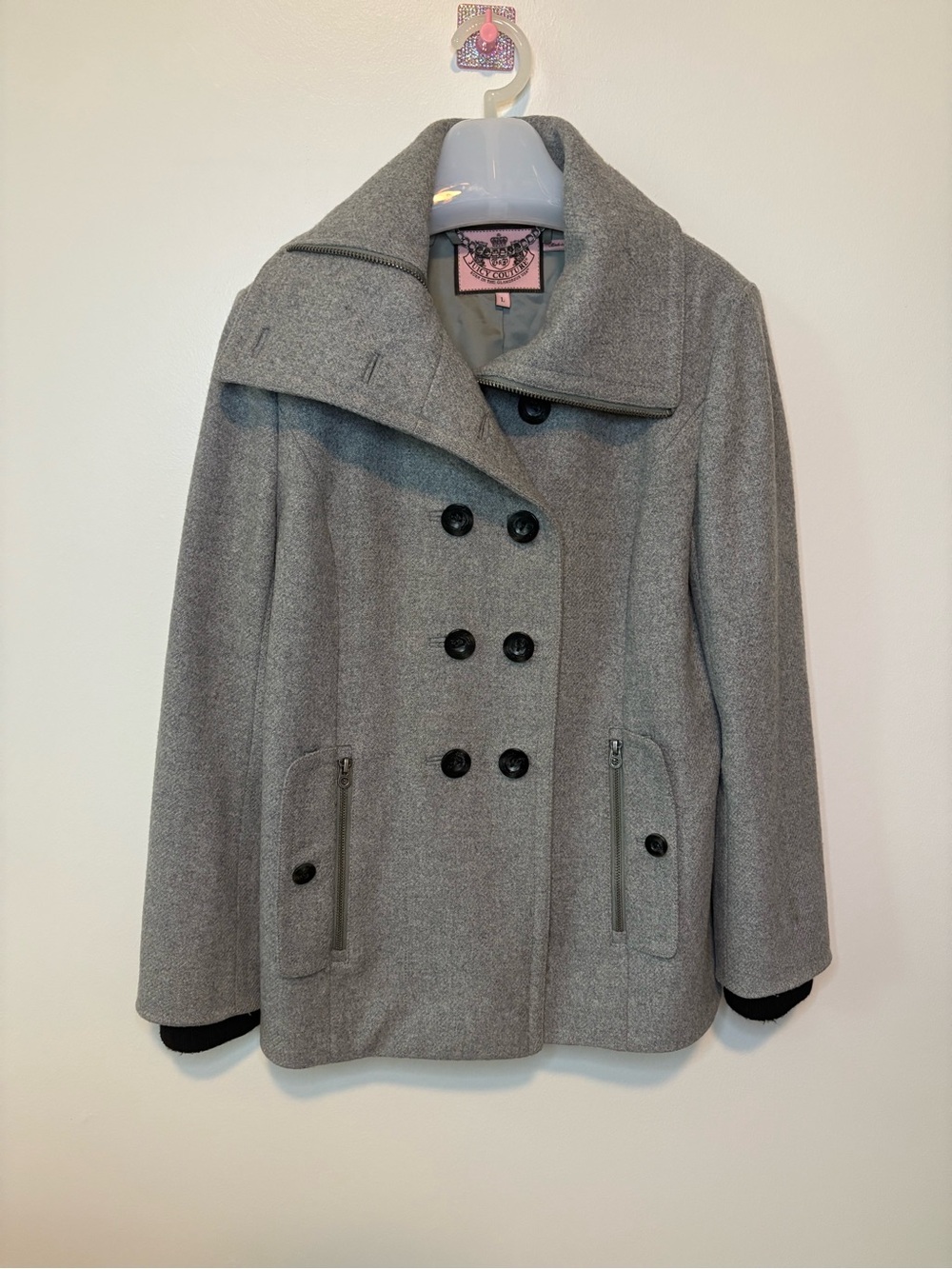 Vintage Juicy Couture Gray Double-Breasted Wool Blend Peacoat Prep Y2K Era